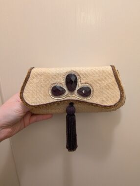 Anya Hindmarch Braided Raffia Natural Jeweled Purple Beaded Tassel clutch bag